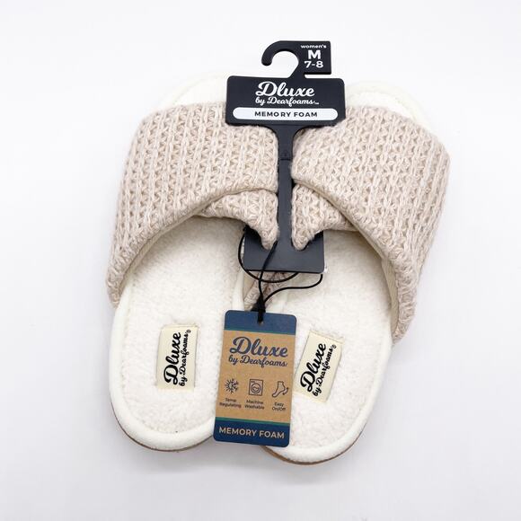Dluxe By Dearfoams Womens Cream Zola Knit Twist Vamp Slide Slippers Size M 7-8 - Picture 1 of 5